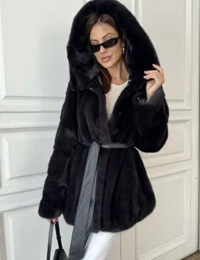 Норковый жакет с капюшоном, роспуск - цвет графит