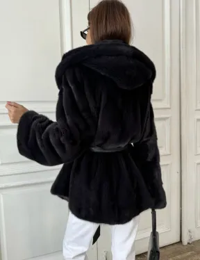 Норковый жакет с капюшоном, роспуск - цвет графит