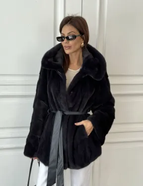 Норковый жакет с капюшоном, роспуск - цвет графит