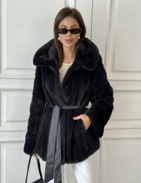 Норковый жакет с капюшоном, роспуск - цвет графит