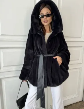 Норковый жакет с капюшоном, роспуск - цвет графит