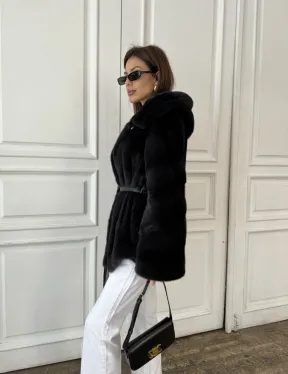 Норковый жакет с капюшоном, роспуск - цвет графит