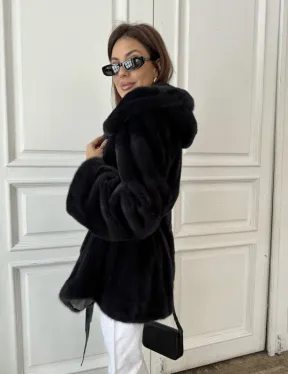 Норковый жакет с капюшоном, роспуск - цвет графит