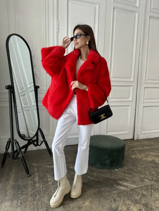 Красный норковый полушубок английский воротник роспуск