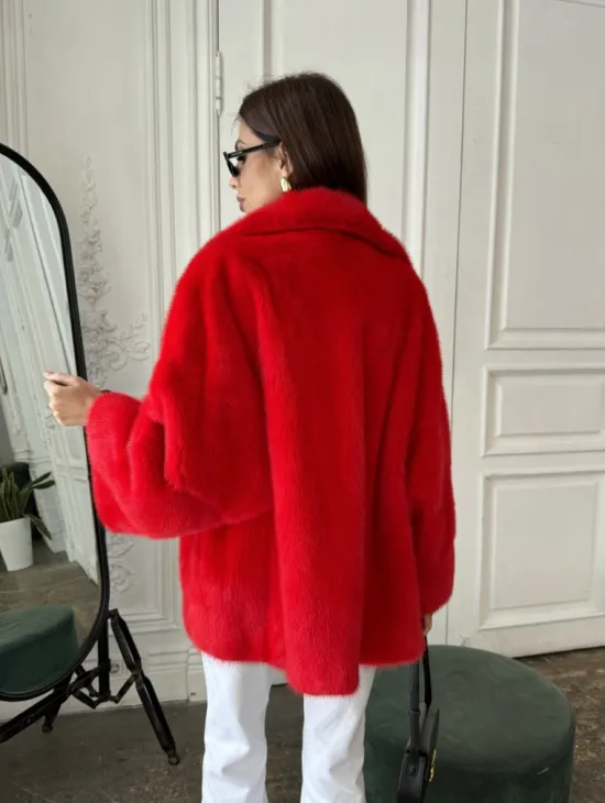 Красный норковый полушубок английский воротник роспуск