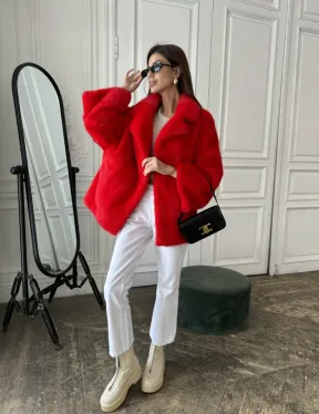 Красный норковый полушубок английский воротник роспуск