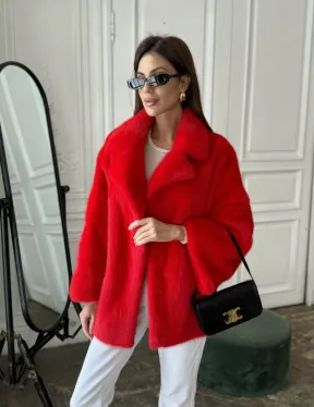 Красный норковый полушубок английский воротник роспуск