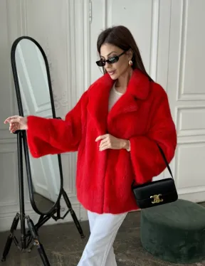 Красный норковый полушубок английский воротник роспуск