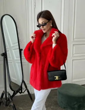 Красный норковый полушубок английский воротник роспуск