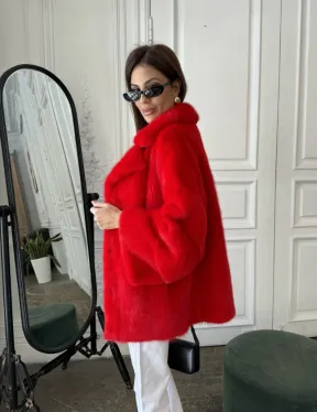 Красный норковый полушубок английский воротник роспуск