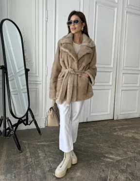 Норковый полушубок английский воротник мех NAFA - цвет пастель