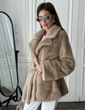 Норковый полушубок английский воротник мех NAFA - цвет пастель