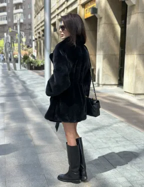 Шуба из плюшевой норки NAFA, роспуск - цвет черный изумруд