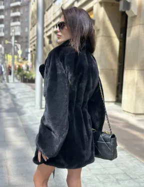 Шуба из плюшевой норки NAFA, роспуск - цвет черный изумруд