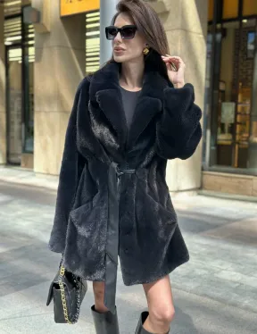 Шуба из плюшевой норки NAFA, роспуск - цвет черный изумруд