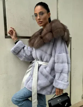 Шуба норковая с капюшоном из меха куницы - цвет голубой