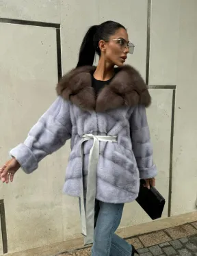 Шуба норковая с капюшоном из меха куницы - цвет голубой