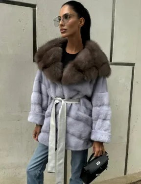 Шуба норковая с капюшоном из меха куницы - цвет голубой