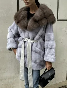 Шуба норковая с капюшоном из меха куницы - цвет голубой