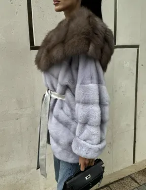 Шуба норковая с капюшоном из меха куницы - цвет голубой