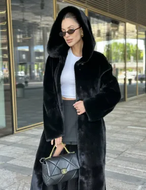 Удлиненная шуба из норки BLACKGLAMA с капюшоном