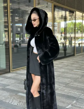 Удлиненная шуба из норки BLACKGLAMA с капюшоном