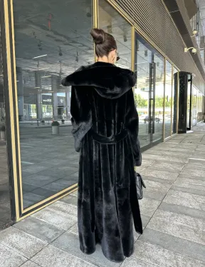 Удлиненная шуба из норки BLACKGLAMA с капюшоном