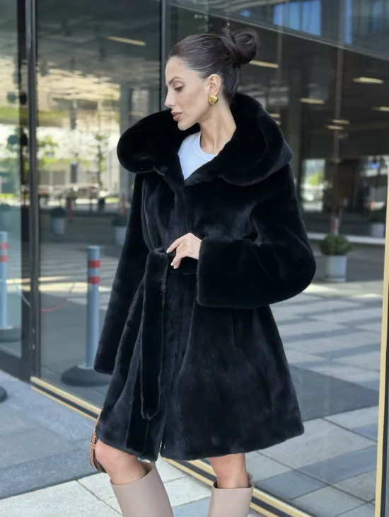 Шуба норковая с капюшоном, мех BLACKGLAMA