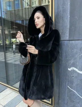 Шуба норковая с капюшоном, мех BLACKGLAMA
