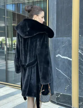 Шуба норковая с капюшоном, мех BLACKGLAMA