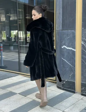 Шуба норковая с капюшоном, мех BLACKGLAMA