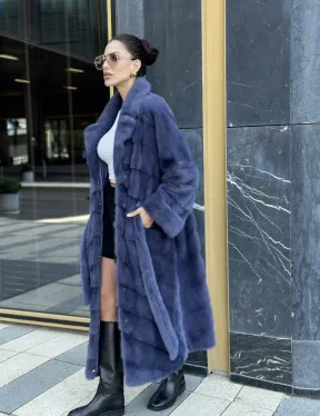 Норковая шуба с английским воротником - цвет джинс