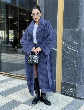 Норковая шуба с английским воротником - цвет джинс