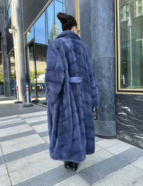 Норковая шуба с английским воротником - цвет джинс