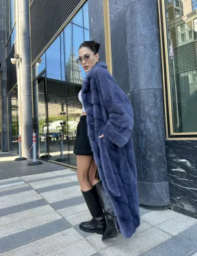 Норковая шуба с английским воротником - цвет джинс