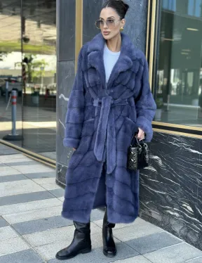 Норковая шуба с английским воротником - цвет джинс