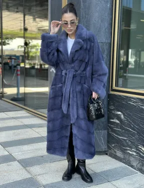 Норковая шуба с английским воротником - цвет джинс