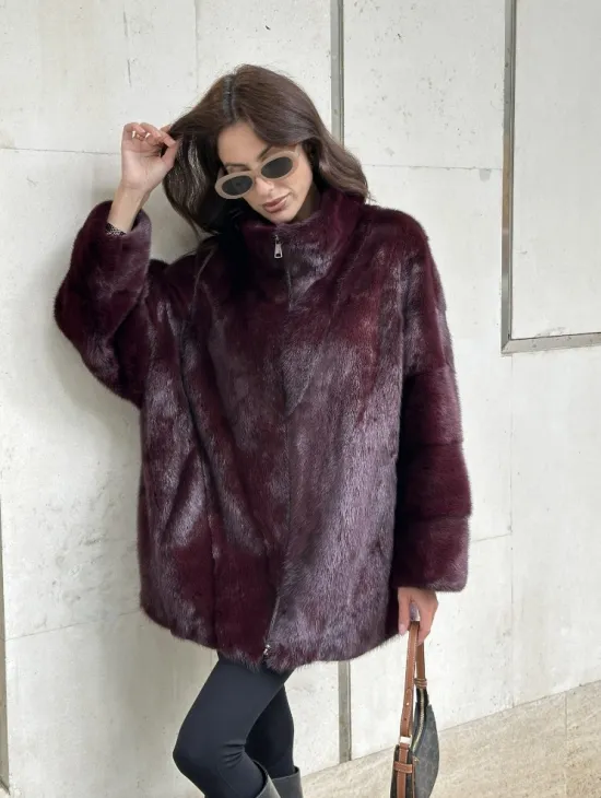 Женская норковая курточка - цвет бордо