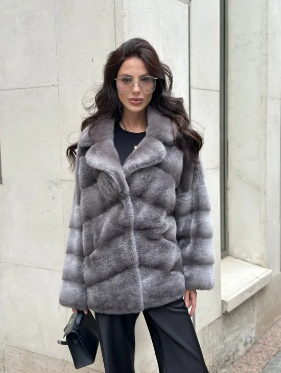 Норковый полушубок с английским воротником - цвет Platinum