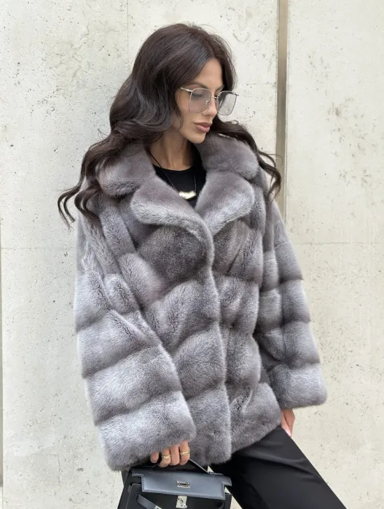 Норковый полушубок с английским воротником - цвет Platinum