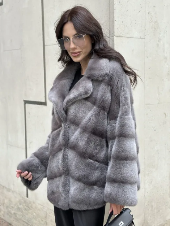 Норковый полушубок с английским воротником - цвет Platinum