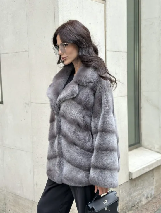 Норковый полушубок с английским воротником - цвет Platinum