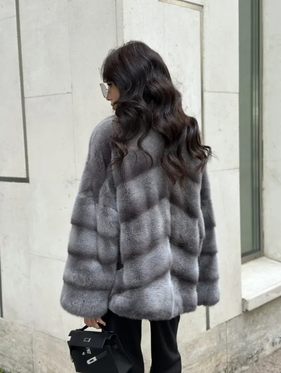 Норковый полушубок с английским воротником - цвет Platinum