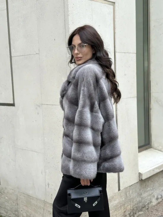 Норковый полушубок с английским воротником - цвет Platinum