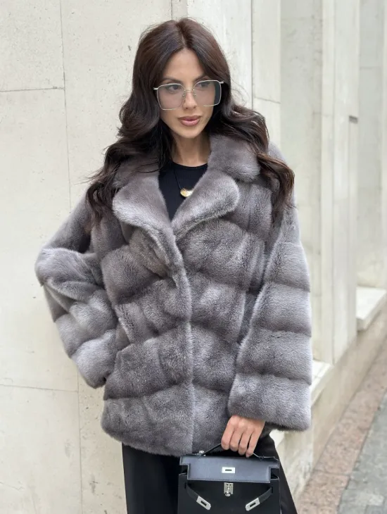 Норковый полушубок с английским воротником - цвет Platinum