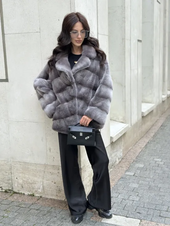 Норковый полушубок с английским воротником - цвет Platinum