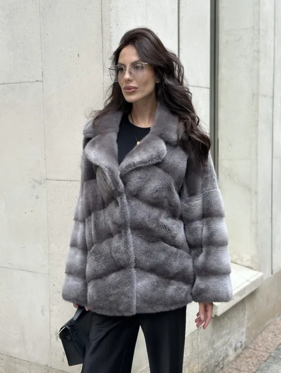 Норковый полушубок с английским воротником - цвет Platinum