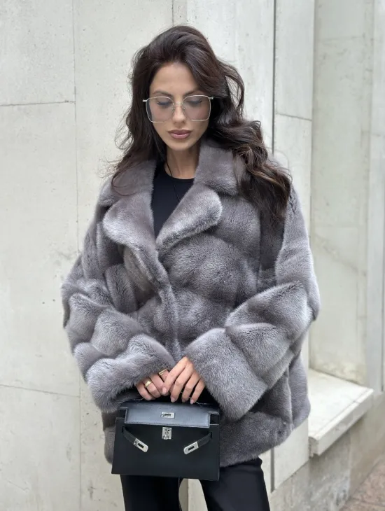 Норковый полушубок с английским воротником - цвет Platinum