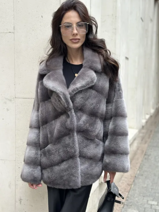 Норковый полушубок с английским воротником - цвет Platinum