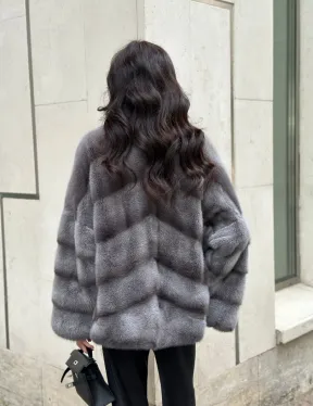 Норковый полушубок с английским воротником - цвет Platinum